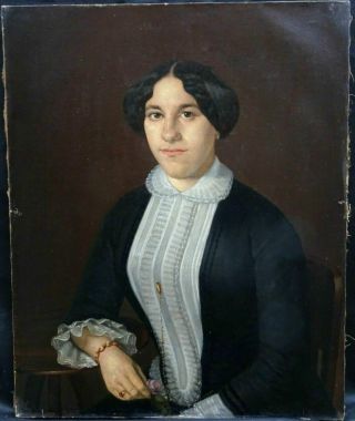 Antique Oil Painting On Canvas " Portrait Of A Noble Woman " 1800 Circa