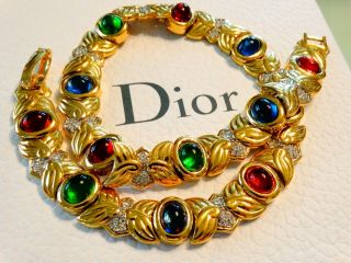 Vtg 80s Christian Dior Emerald Ruby Gripoix Cabochon Mogul Jewel Runway Necklace
