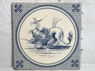 19th C Villeroy Boch Mettlach Blue & White Porcelain Tile Lion Chasing Dragonfly