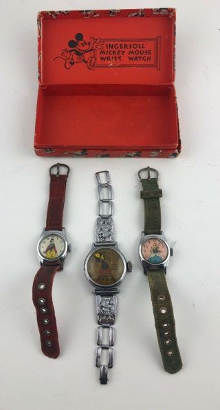 Vintage 1930s Ingersoll Walt Disney Mickey Mouse Wrist Watch W/ 2