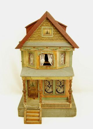 Antique R Bliss Lithograph Wooden Dollhouse 2 - Story - Rare