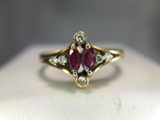 Vintage 14k Yellow Gold Marquise Red Ruby Round Diamond Small Cocktial Ring