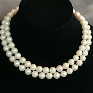 Vintage Cultured Pearl (8.  5 - 9mm) Two Row Necklace On 18ct,  18k,  750 Gold Clasp