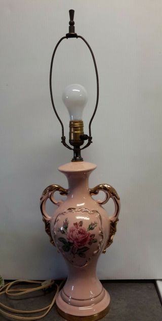 Antique Vintage Victorian Table Lamp - Pink With Gold Accents And Roses - 27 "