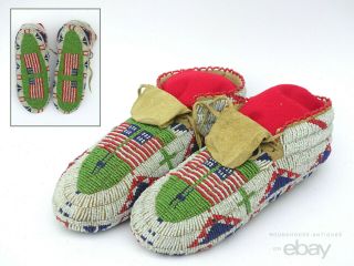Antique Native American Indian Plains Sioux Beaded Ceremonial Moccasins Flags
