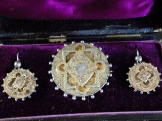 Antique Victorian Circa 1865 English Mourning Locket Earrings & Brooch Set Boxed