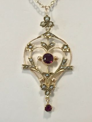 9ct Edwardian Ruby & Seed Pearl Pendant & Chain