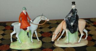 Rare Pair Antique Horse & Rider Cabinet Vases Victorian Bisque