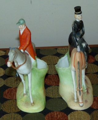 RARE PAIR Antique HORSE & RIDER Cabinet Vases VICTORIAN Bisque 4