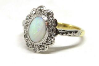 18ct Yellow Gold & Platinum Art Deco Opal 0.  65ct And Diamond Cluster Ring