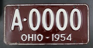 Vintage 1954 Ohio Sample License Plate A - 0000