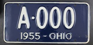 Vintage 1955 Ohio Sample License Plate A - 000