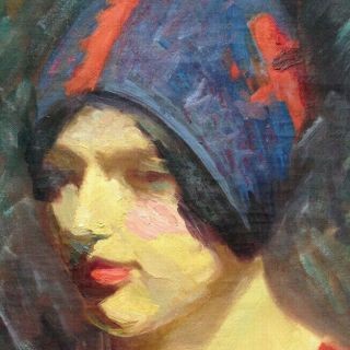 Antique 1930 ' s Portrait Oil Painting profile of a flapper Woman 17.  5 x 22.  