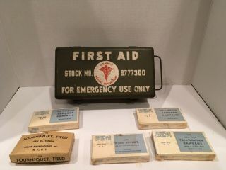 Vintage Us Army Military First Aid Kit Jeep Vehicle Medical Metal Box W/supplies