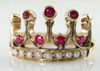 Regal 9k 9ct Gold Indian Ruby & Pearl Crown Art Deco Ins Ring Resize