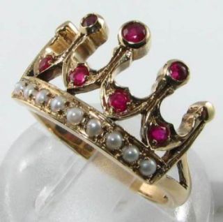 REGAL 9K 9CT GOLD INDIAN RUBY & PEARL CROWN ART DECO INS RING RESIZE 2