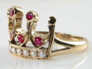 REGAL 9K 9CT GOLD INDIAN RUBY & PEARL CROWN ART DECO INS RING RESIZE 3