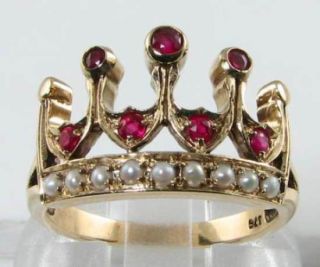 REGAL 9K 9CT GOLD INDIAN RUBY & PEARL CROWN ART DECO INS RING RESIZE 4