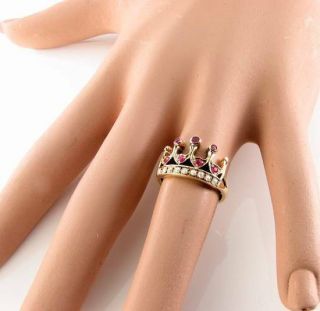 REGAL 9K 9CT GOLD INDIAN RUBY & PEARL CROWN ART DECO INS RING RESIZE 5