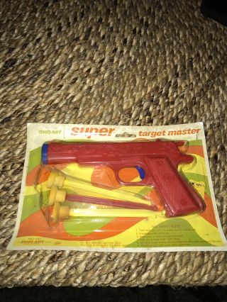 Vintage 1960s 7os Ohio Art Toy Dart Gun & Rubber Tip Darts Red Plastic “sealed”