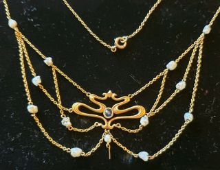 Charles Crossman & Co Art Nouveau 14k Gold Pearl & Sapphire Necklace - No Dangle