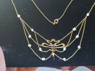 Charles Crossman & Co Art Nouveau 14k Gold Pearl & Sapphire Necklace - No Dangle 2