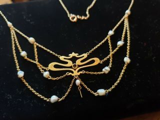 Charles Crossman & Co Art Nouveau 14k Gold Pearl & Sapphire Necklace - No Dangle 7