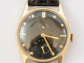 14k Yellow Gold Vintage Mens Lord Elgin Wrist Watch 21j Gold On Black.  29mm