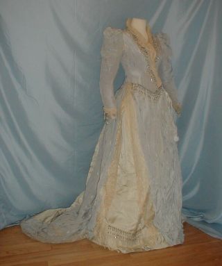 Antique Dress 1880 Victorian Blue Silk Bustle Ball Gown Beaded And Lace Trim