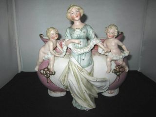 Antique German Bisque / Porcelain Vase / Figurine Woman W/ Cherubs G Dep 11579