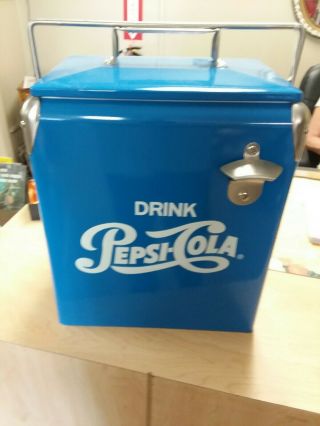 Vintage Style Retro Blue Metal Pepsi Cola Cooler With Bottle Opener