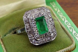 Vintage Palladium Art Deco Antique Colombian Emerald Diamond Filigree Ring