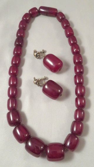 Antique Art Deco Graduated Cherry Amber Bakelite Barrel Bead Necklace & Earrings