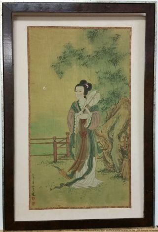 Old Fine Chinese Or Japanese Gwanyin Goddess Watercolor Scroll Painting Signed