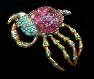Rare Hc Hattie Carnegie Pink Poured Glass Enamel & Turquoise Cabochon Crab Pin
