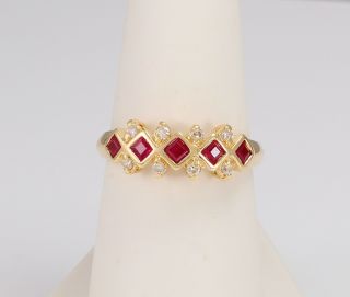 Classic Estate 14k Yellow Gold Natural Bright Red Ruby Diamond Band Ring.  80ctw