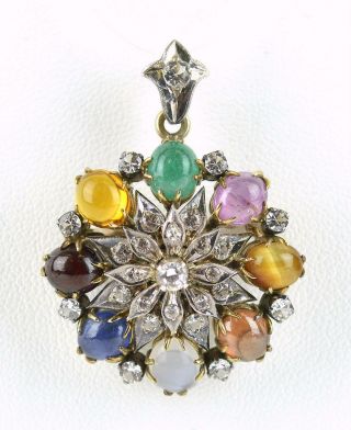 Antique Victorian 14k Yellow Gold Multi - Colored Gemstone Brooch Pin Pendant