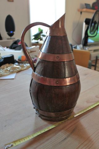 French Vintage Big Wine Or Cider Brass & Wood /copper Jug/ewer/pitcher