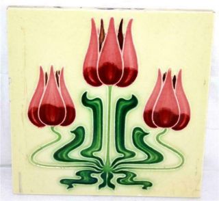 Vintage Salvaged Reclaimed Unsigned 3 Red Ombre Tulips Art Deco Floral 6 " Tile