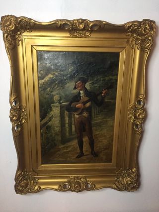 Rare 19th Century Oil Painting Guitar Player G.  Brightwell In Antique Gilt Frame