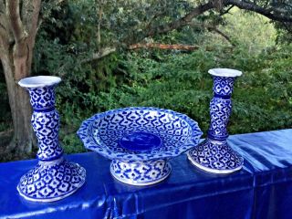 Vintage Blue Willow Pedestal Bowl & Matching Candle Sticks Rare ▬ Set Of 3 ❤️j8