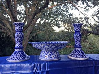 Vintage BLUE WILLOW Pedestal Bowl & Matching Candle Sticks RARE ▬ SET of 3 ❤️j8 2
