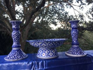 Vintage BLUE WILLOW Pedestal Bowl & Matching Candle Sticks RARE ▬ SET of 3 ❤️j8 5