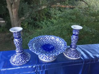 Vintage BLUE WILLOW Pedestal Bowl & Matching Candle Sticks RARE ▬ SET of 3 ❤️j8 6