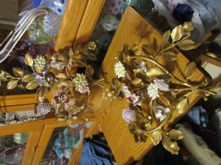 Vintage Tole Italy Metal Wall Candle Holders With Flowers Gold Pair Set Of 2
