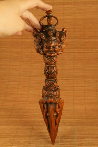 Big Unique Chinese Old Boxwood Hand Carved Devil Tibet Divination Tool