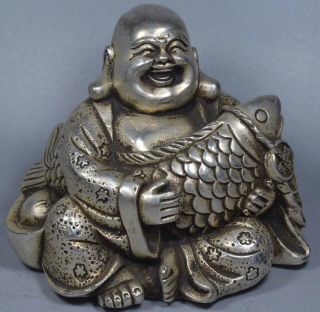 Tibet Miao Silver Carve Collectable Robe Smile Buddha Hug Fish Delicate Statue