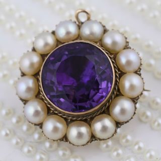 Antique Victorian Mourning 10k Gold Amethyst Pearl Locket Brooch Pin Pendant