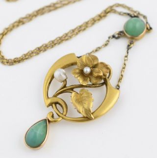 Antique Art Nouveau 14k Gold Seed Pearl Chrysoprase Lavaliere Pendant Necklace