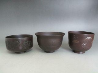 Japanese Vintage Banko Ware Small Tea Bowl 3set W/sign; Carving/ 8030